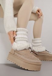 Ciemnobeżowe Śniegowce na Platformie Ozdobione Futerkiem i Przeszyciami Linerva. Brązowe śniegowce damskie Renee, z jeansu. Za 109.99 zł.