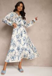 Biało-Niebieska Plisowana Spódnica z Wiskozą w Kwiatowy Print Rivavina. Niebieskie spódniczki damskie Renee, l, bez wzorów, z wiskozy, eleganckie, midi, proste. Za 99.99 zł.
