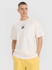 4F T-shirt oversize z nadrukiem męski - białe L. Białe t-shirty męskie 4f, l, bez wzorów, z bawełny, bez kołnierzyka. Za 69.99 zł.
