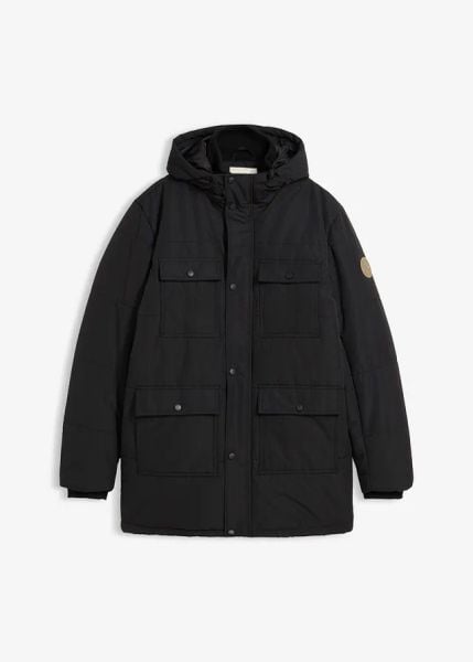 Wodoodporna, pikowana parka funkcyjna z praktycznymi kieszeniami. Czarne parki męskie bonprix, m, z aplikacjami. Za 359.99 zł.
