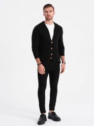 Dzianinowy kardigan męski z kieszeniami i ozdobnymi guzikami – czarny V1 OM-SWCD-0109 - XL. Czarne kardigany męskie Ombre Clothing, l, z aplikacjami, z bawełny, casualowe, bez kołnierzyka. W wyprzedaży za 69.99 zł.
