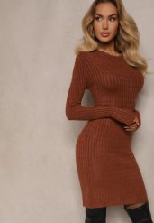 Brązowa Mini Sukienka z Dzianinowego Materiału o Prążkowanej Fakturze i Dopasowanym Kroju Theresia. Brązowe sukienki damskie Renee, bez wzorów, z bawełny, bez kołnierzyka, bez ramiączek, mini, dopasowane. W wyprzedaży za 55.99 zł.