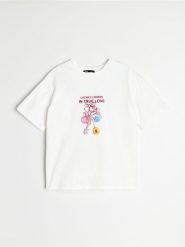 Bawełniana koszulka z krótkim rękawem i nadrukiem - kremowy. Białe t-shirty damskie Sinsay, l, bez wzorów, z bawełny, bez kołnierzyka. Za 29.99 zł.