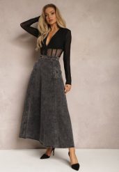 Czarna Bawełniana Spódnica Maxi Rozkloszowana z Jeansu z Ozdobnym Łańcuszkiem Viralle. Czarne spódniczki damskie Renee, na lato, m, bez wzorów, z bawełny, boho, maxi, rozkloszowane. Za 179.99 zł.