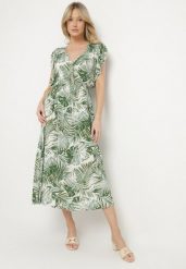 Zielona Rozkloszowana Sukienka we Florystyczny Print z Bawełny Lanioreta. Zielone sukienki damskie Born2be, l, bez wzorów, z bawełny, bez kołnierzyka, bez ramiączek, midi, rozkloszowane. W wyprzedaży za 51.99 zł.