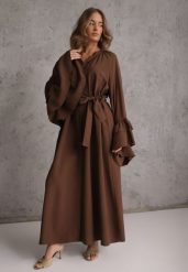 Brązowa Koszulowa Sukienka z Wiskozy Ozdobiona Paskiem i Falbanami Tinethra. Brązowe sukienki damskie Renee, na co dzień, l, bez wzorów, z materiału, eleganckie, bez kołnierzyka, bez ramiączek, maxi, koszulowe. Za 199.99 zł.