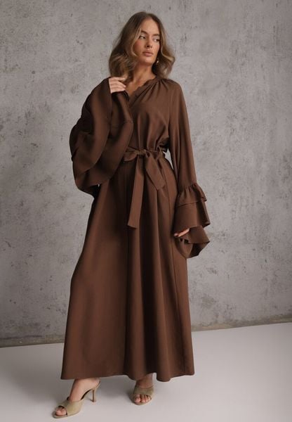 Brązowa Koszulowa Sukienka z Wiskozy Ozdobiona Paskiem i Falbanami Tinethra. Brązowe sukienki damskie Renee, na co dzień, l, bez wzorów, z materiału, eleganckie, bez kołnierzyka, bez ramiączek, maxi, koszulowe. Za 199.99 zł.