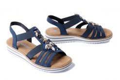 RIEKER V0649-14 blue, sandały damskie. Niebieskie sandały damskie Rieker, bez wzorów, bez obcasa, na koturnie. Za 255.92 zł.