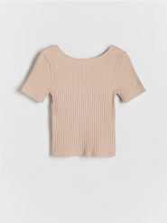 Prążkowany t-shirt - beżowy. Brązowe koszulki dziewczęce Reserved, bez wzorów, z bawełny, bez ramiączek. W wyprzedaży za 15.99 zł.