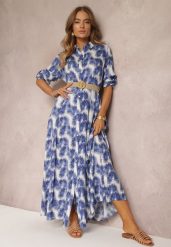 Niebieska Koszulowa Sukienka Maxi z Guzikami i Podpinanymi Rękawami Jaye. Niebieskie sukienki damskie Renee, l, bez wzorów, boho, bez kołnierzyka, bez ramiączek, maxi, koszulowe. W wyprzedaży za 97.99 zł.