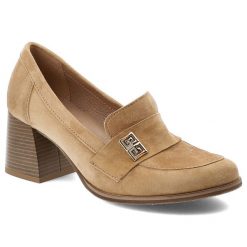 Półbuty damskie Armodo, cholewka ze skóry naturalnej zamszowej wsuwany fason z ozdobnym paskiem i metalowym elementem, brązowe, 20207. Brązowe półbuty damskie Armodo, bez wzorów, ze skóry, bez obcasa. Za 365.90 zł.