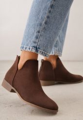 Brązowe Botki VICES Ozdobione Suwakiem i Wycięciami na Cholewce Fyserira. Brązowe botki damskie Renee, z jeansu, casualowe, bez obcasa, na płaskiej podeszwie, bez zapięcia. Za 109.99 zł.