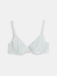 Koronkowy miękki biustonosz z fiszbiną - błękitny. Niebieskie biustonosze Sinsay, bez wzorów, z koronki. Za 25.99 zł.