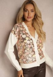 Beżowy Wzorzysty Kardigan w Serduszka z Dekoltem w Serek i Cekinami Ansilene. Brązowe kardigany damskie Renee, bez wzorów, z jeansu. Za 129.99 zł.
