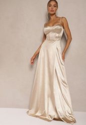 Beżowa Sukienka na Ramiączkach o Rozkloszowanym Kroju z Wiązaniem na Plecach Katirione. Brązowe sukienki damskie Renee, na imprezę, m, bez wzorów, z poliesteru, eleganckie, bez kołnierzyka, bez ramiączek, maxi, kopertowe. W wyprzedaży za 181.99 zł.
