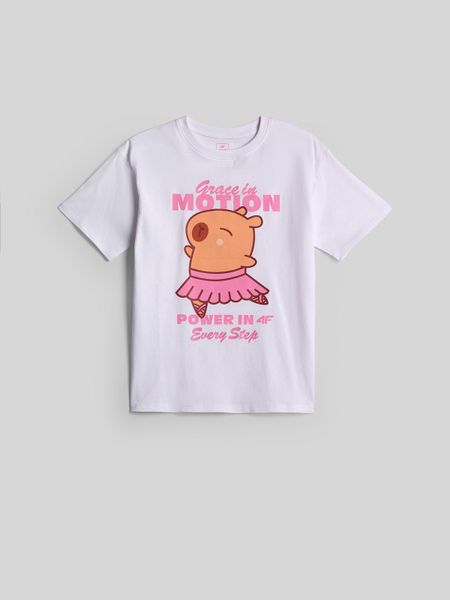 4F T-shirt loose z nadrukiem dziewczęcy - beżowy 146/152 (10-12 lat). Brązowe koszulki dziewczęce 4f, bez wzorów, z bawełny, bez ramiączek. Za 59.99 zł.