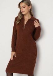 Brązowa Sweterkowa Sukienka Pudełkowa z Bawełną i Wełną Ozdobiona Suwakiem Reimia. Brązowe sukienki damskie Born2be, na co dzień, uniwersalny, bez wzorów, z bawełny, klasyczne, bez kołnierzyka, bez ramiączek. Za 79.99 zł.