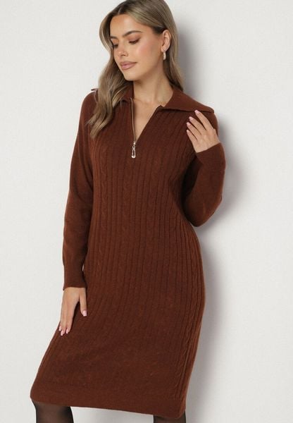 Brązowa Sweterkowa Sukienka Pudełkowa z Bawełną i Wełną Ozdobiona Suwakiem Reimia. Brązowe sukienki damskie Born2be, na co dzień, uniwersalny, bez wzorów, z bawełny, klasyczne, bez kołnierzyka, bez ramiączek. Za 79.99 zł.