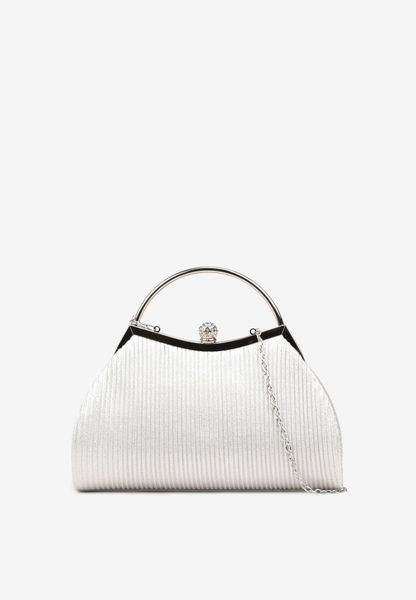 Srebrna Wieczorowa Torebka Vices o Trapezowym Kształcie z Rączką i Łańcuszkiem Accone. Szare torebki klasyczne damskie Renee, bez wzorów, z lakierowanej skóry, eleganckie, bez kołnierzyka, bez ramiączek. Za 49.99 zł.