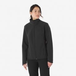 Kurtka turystyczna damska Softshell Forclaz MT100. Czarne kurtki damskie FORCLAZ, m, bez wzorów, z polaru, bez kaptura. Za 199.99 zł.