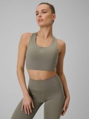 4F Biustonosz treningowy z niskim wsparciem damski - oliwkowy XS. Brązowe biustonosze sportowe damskie 4f, bez wzorów, z gumy. Za 89.99 zł.