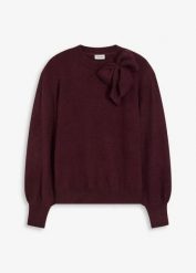 Sweter z aplikacją w kształcie kokardy. Czerwone swetry klasyczne damskie bonprix, bez kołnierzyka. Za 102.99 zł.
