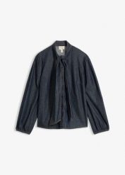 Bluzka jeansowa z bawełny organicznej. Niebieskie bluzki damskie bonprix, bez wzorów, z bawełny, bez kołnierzyka, bez ramiączek. Za 142.99 zł.