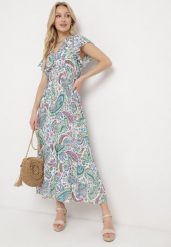 Biało-Niebieska Bawełniana Sukienka Boho z Gumką w Talii i Wzorem Paisley Sirrelia. Białe sukienki damskie Born2be, l, bez wzorów, z bawełny, boho, bez kołnierzyka, bez ramiączek, maxi. W wyprzedaży za 43.99 zł.