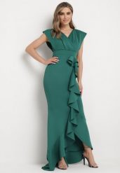 Zielona Asymetryczna Sukienka z Dekoltem V i Ozdobną Falbaną Efiola. Zielone sukienki damskie Born2be, na co dzień, m, bez wzorów, eleganckie, z asymetrycznym kołnierzem, bez ramiączek, maxi, asymetryczne. W wyprzedaży za 159.99 zł.