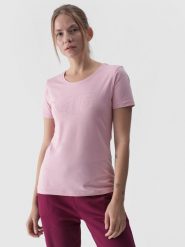 4F T-shirt slim z nadrukiem damski - różowy L. Czerwone t-shirty damskie 4f, l, bez wzorów, z bawełny, bez kołnierzyka. W wyprzedaży za 39.99 zł.