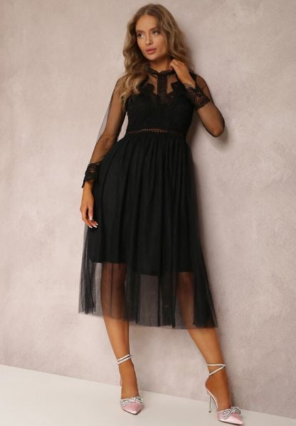 Czarna Sukienka Lylah. Czarne sukienki damskie Renee, na studniówkę, l, z aplikacjami, z tiulu, eleganckie, bez kołnierzyka, bez ramiączek, midi, rozkloszowane. Za 139.99 zł.