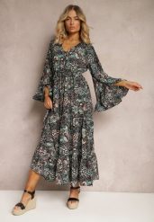 Czarno-Zielona Sukienka w Kwiatowy Print Rozkloszowana z Falbankami Airova. Czarne sukienki damskie Renee, l, bez wzorów, z materiału, bez kołnierzyka, bez ramiączek, maxi, rozkloszowane. W wyprzedaży za 69.99 zł.