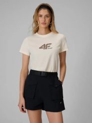 T-shirt regular z nadrukiem damski 4F 4FRSS26TTSHF4422. Białe t-shirty damskie 4f, uniwersalny, bez wzorów, z bawełny, bez kołnierzyka. Za 57.99 zł.
