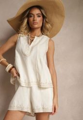 Jasnobeżowe Szorty High Waist z Bawełny z Ozdobnym Haftem Korimizza. Brązowe szorty damskie Renee, bez wzorów, z bawełny, eleganckie, z podwyższonym stanem. Za 69.99 zł.