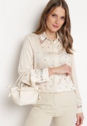 Jasnobeżowa Koszula z Ozdobnym Kołnierzykiem z Ćwiekami i Cyrkoniami Aiatla. Brązowe koszule damskie Born2be, m, bez wzorów, eleganckie, bez kołnierzyka, bez ramiączek. Za 79.99 zł.