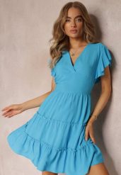 Niebieska Taliowana Sukienka Mini Ozdobiona Falbankami Salleni. Niebieskie sukienki damskie Renee, na co dzień, s, bez wzorów, z wiskozy, bez kołnierzyka, bez ramiączek, mini. Za 69.99 zł.