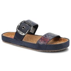 Klapki damskie Big Star, materiał syntetyczny z regulowanym paskiem zapinanym na klamrę profilowaną wkładką, granatowe, JJ274727. Niebieskie klapki damskie Big Star, bez wzorów, z materiału, bez obcasa. Za 99.00 zł.