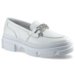 Półbuty damskie Karino, naturalna skóra licowa w białym kolorze z ozdobnym łańcuchem na podbiciu oraz masywną podeszwą o wyraźnym profilu, białe, 389. Białe półbuty damskie Karino, bez wzorów, ze skóry, eleganckie, bez obcasa. Za 255.00 zł.