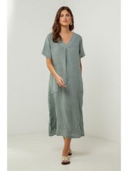 Lin Passion Lniana sukienka w kolorze khaki rozmiar: 34/36. Brązowe sukienki damskie Lin Passion, bez wzorów, ze lnu, klasyczne, bez kołnierzyka, bez ramiączek, midi. Za 131.74 zł.