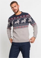 Sweter w norweski wzór. Szare swetry męskie bonprix, l, z aplikacjami, bez kołnierzyka. Za 124.99 zł.