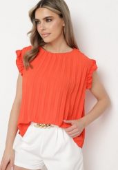 Pomarańczowa Koszulka Top Plisowany z Krótkim Rękawem Cevaga. Brązowe bluzki damskie Born2be, l, bez wzorów, z bawełny, eleganckie, bez kołnierzyka, bez ramiączek. Za 34.99 zł.