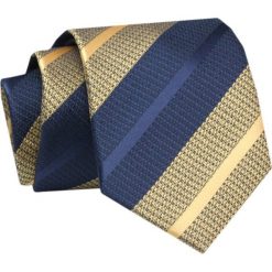 Krawat - ALTIES - Żółto Granatowe Prążki. Niebieskie krawaty i muchy męskie Alties, bez wzorów, z tkaniny, eleganckie. Za 49.00 zł.