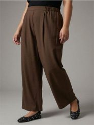 Spodnie wide leg z domieszką lnu Plus size - brązowy. Brązowe spodnie materiałowe damskie Sinsay, bez wzorów, plus size. Za 49.99 zł.