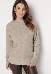 Ciemnobeżowy Sweter Golf z Ozdobnym Tłoczeniem Zakończony Ściągaczem Melodiea. Brązowe golfy damskie Born2be, bez wzorów, z jeansu, bez ramiączek. Za 69.99 zł.