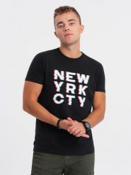 T-shirt męski bawełniany z nadrukiem - czarny V1 OM-TSPT-0162 - S. Czarne t-shirty męskie Ombre Clothing, m, bez wzorów, z bawełny, bez kołnierzyka. W wyprzedaży za 19.99 zł.