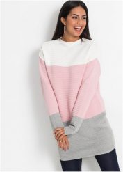 Długi sweter w paski. Białe golfy damskie bonprix, z dzianiny, bez kołnierzyka. Za 119.99 zł.