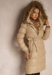 Beżowa Kurtka Pikowana o Długim Kroju z Kapturem Wiązana w Pasie z Odpinanym Futerkiem Phorira. Brązowe kurtki damskie Renee, l, bez wzorów, z jeansu, z kapturem. Za 229.99 zł.