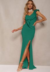 Zielona Elegancka Asymetryczna Sukienka z Falbanką i Rozcięciem na Nogę Adnelia. Zielone sukienki damskie Renee, m, bez wzorów, z dzianiny, eleganckie, z asymetrycznym kołnierzem, bez ramiączek, maxi, asymetryczne. W wyprzedaży za 125.99 zł.