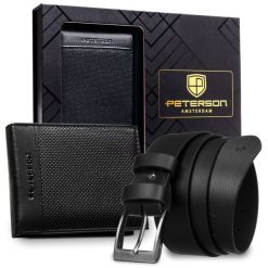 Zestaw prezentowy: skórzany portfel męski w czarnym kolorze bez zapięcia i czarny pasek ze skóry ekologicznej - Peterson. Czarne paski męskie Peterson, bez wzorów, ze skóry ekologicznej, klasyczne. Za 109.00 zł.