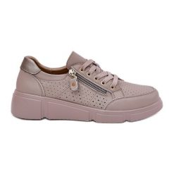 Skórzane Buty Sportowe Sneakersy Na Platformie Z Zamkiem Vinceza 88019 Ciemnobeżowe beżowy. Brązowe buty sportowe na co dzień damskie bez wzorów, ze skóry. Za 266.87 zł.